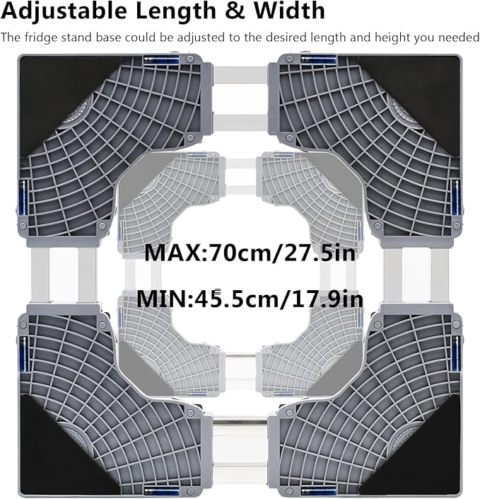 Updated Fridge Stand Mobile Base with Double Pipes 4 Locking Wheels 4 Strong Feet, Adjustable Furniture Dolly for Washer Dryer Washing Machine Stand Pedestal, Refrigerator (Grey, Extra Large)