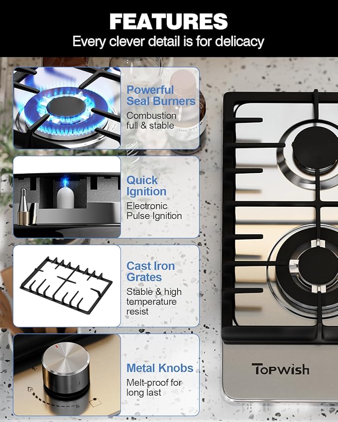 24 Inch Gas Cooktop, Propane Stove Top with 4 ITALY SABAF Sealed Burners 27,400 BTU, NG/LPG Convertible Built-in Stainless Steel Stovetop with Thermocouple Protection for Rvs Kitchen Outdoor