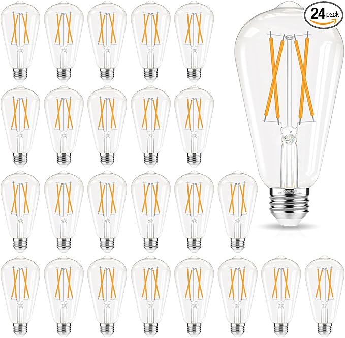 Edison Bulbs Dimmable, E26 LED Bulb 60 watt Equivalent, Soft White 2700K, ST58 Vintage Light Bulbs, 90+ CRI, 6W 600LM, E26 Medium Base, Clear Glass, 24 Pack