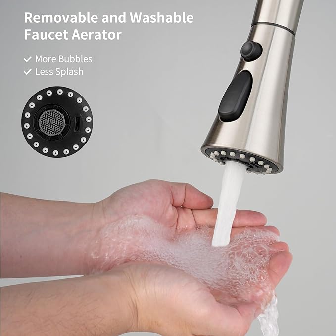 Hibbent 3-Function Pull Down Kitchen Faucet Head Replacement with 12 Adapters, NSF/ANSI/CAN 61 & CUPC Certified Sink Spray Nozzle, Compatible with Moen, Delta, Kohler Faucets, Brushed Nickel