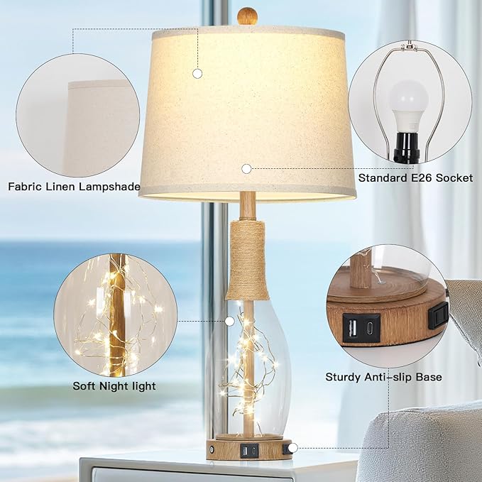 28" Coastal Table Lamps for Bedroom Set of 2, Farmhouse Glass Lamps with 3-Way Dimmable Touch Control Fairy Lights & Type-C Charging for Living Room Nightstand, Beach Nautical Bedside Lamp Rustic Wood