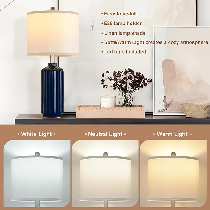 Lamp for Living Room Bedroom Lamps Farmhouse Table Lamps Set of 2 Vertical Stripe Ceramic Table Lamp,Linen Shade with Bulb, 25 in High,Navy Blue