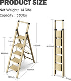 5 Step Step Ladder,Lightweight Folding Step Stool with Anti-Slip Aluminum Wide Pedal&Convenient Handgrip,Steel Ladder for Household and Office(Gold)