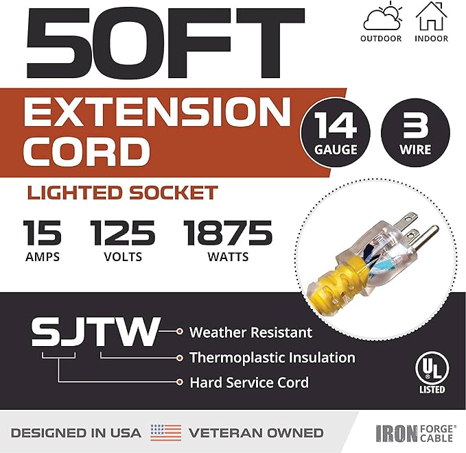 Iron Forge Cable Lighted Outdoor Extension Cord 50 ft - 14 Gauge 15 Amp Heavy Duty Power Extension Cords - SJTW - Great for Major Appliances, Power Tools, Garden Supplies - Yellow