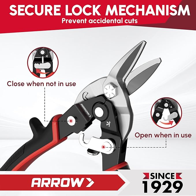ARROW 8-inch Tin Snips for Cutting Metal Sheet, CR-V Steel Aviation Snips, High Leverage Labor-saving Metal Cutter, Left Cut