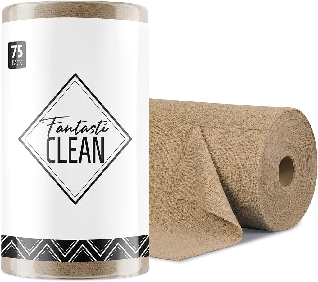 Fantasticlean Microfiber Cleaning Cloth Roll -75 Pack, Tear Away Microfiber Towels, 12" x 12", Reusable, Washable, Scratch Free, Ultra Absorbent for Car, Home Supplies (TAN)