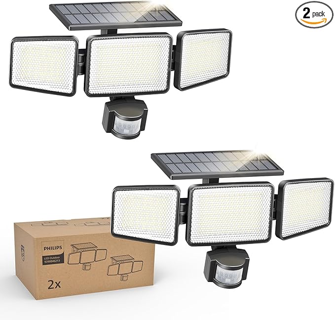 Philips Solar Security Light Outdoor 302 LED 1200lm，Solar-Powered Waterproof Wall-Mounted Flood Light w/PIR Motion Sensor, 3 Heads, IP65 Waterproof, 3 Modes (2 Packs)