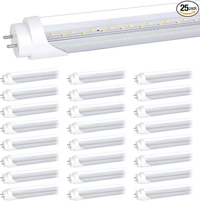 25-Pack T8 LED Bulbs 4 Foot, 24W 3200LM 5000K Daylight Tube Lights, Ballast Bypass, Type B, Dual-End Powered, Replacement for Fluorescent Tubes, G13 Base, Clear