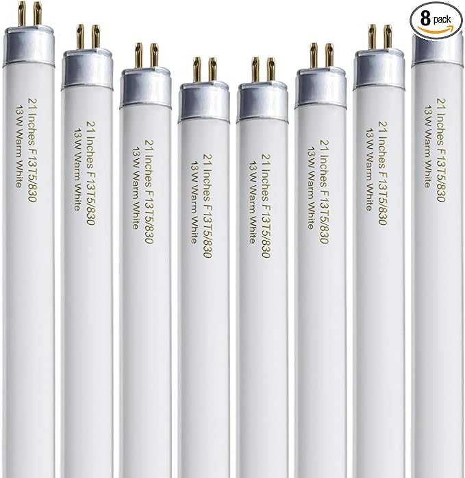 8 Pack 21 Inch T5 Fluorescent Light Bulb 13 Watt F13T5/WW Compatible with Sylvania Satco Philips GE Under Cabinet Tube Light Warm White 800 Lumen G5 Base 8 Count