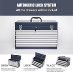 4 Drawers Metal Tool Box, 21" Portable Steel Tool Chest w/Key Lock & Latch Closure, Multi-Function Top Storage Tray Toolbox w/Powder Coating & Ball Bearing Slides for Garage (Antique Grey)