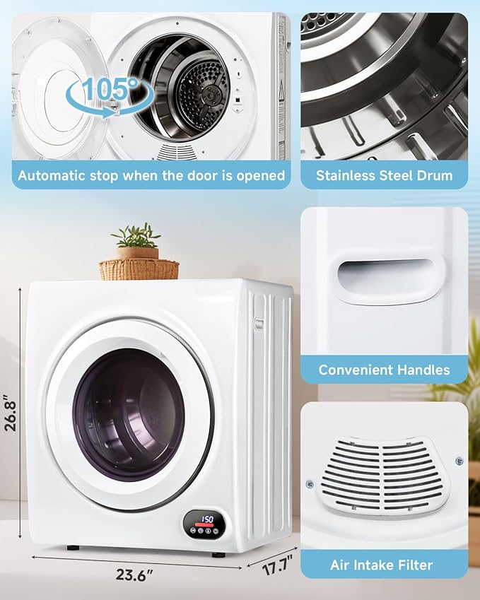 3.5 Cu.Ft Portable Clothes Dryer - 1500W Clothes Dryer with Stainless Steel Tub, Front Load Tumble, LCD Touch Panel - Compact Drying Unit for Laundry, Apartments, Dorms