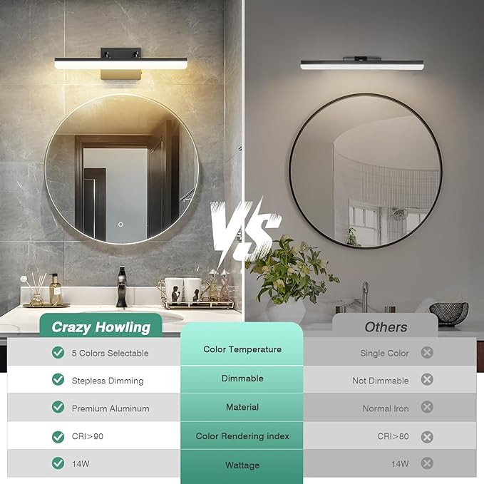 15.7" Black LED Bathroom Vanity Light 5CCT–Dimmable Wall Mount Fixture with Adjustable Angle, Modern Lighting for Powder Room, Vanity Mirror Home & Apartment Use