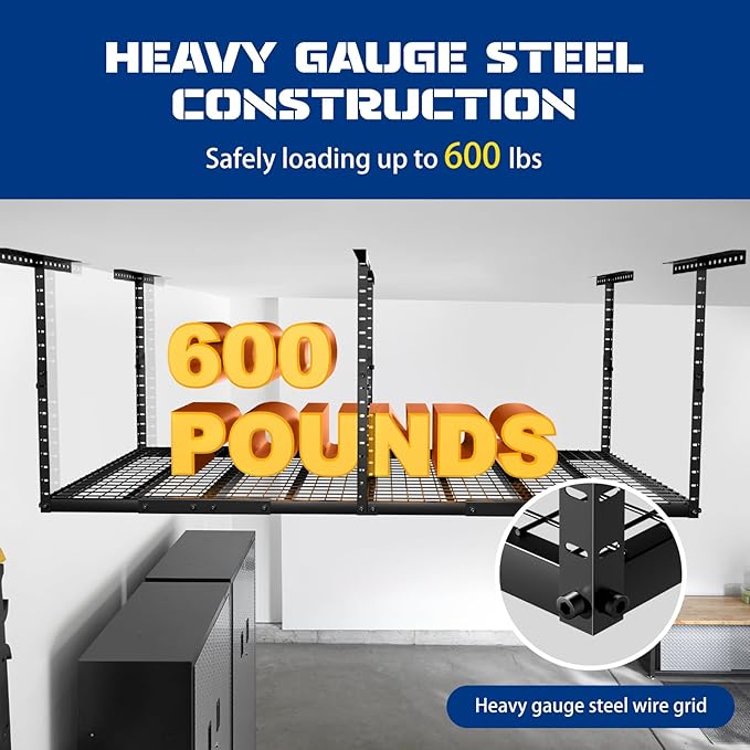 4x8 Overhead Garage Storage Rack with 4 Extra Hooks – Adjustable Heavy-Duty Garage Ceiling Storage Racks (22"-40"), Holds 600 lbs, 22 lbs per Hook, Steel Hanging Organizer for Tools, Bins & Bikes