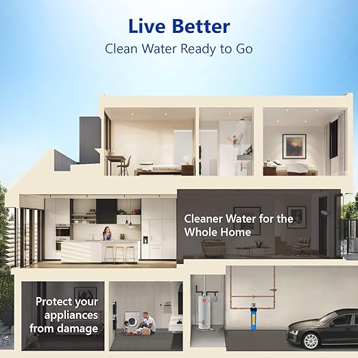 Express Water Whole House Water Filter, 1 Stage Home Water Filtration System, Sediment Filter, Includes Pressure Gauges, Easy Release, and 1 Inch Connections.
