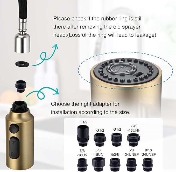 Metal Kitchen Faucet Head Replacement, 3-Function Pull Down Spray Head for Kitchen Faucet, High Pressure Sink Spray Nozzle with 9 Adapters Compatible with American Standard, ‎Brushed Gold