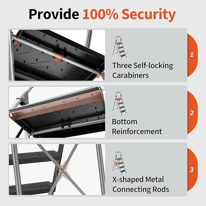 4 Step Ladder,DIAMONDFORGE Folding Step Stool with Anti-Slip Wide Pedal, Soft Handle, Anti-Slip Feet, Sturdiest Steel Construction, 900lbs Capacity Steel Ladder for Home and Office, Grey