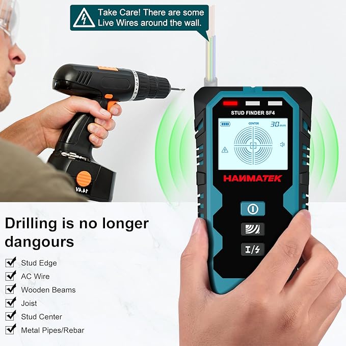 HANMATEK Stud Finder Wall Scanner,5 in 1 Multifunction Stud Locator with Upgraded Smart Sensor Audio Alarm HD LCD Display, Stud Finder Tool for The Center Edge of Metal, Studs, Plaster,AC Wire,Pipe