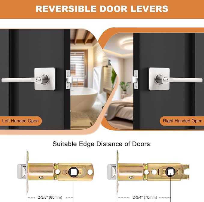 Probrico Privacy Door Handle Interior Heavy Duty Square Brushed Nickel Door Knobs for Bedroom Bathroom Reversible Keyless Door Lever Satin Nickel, 2 Pack