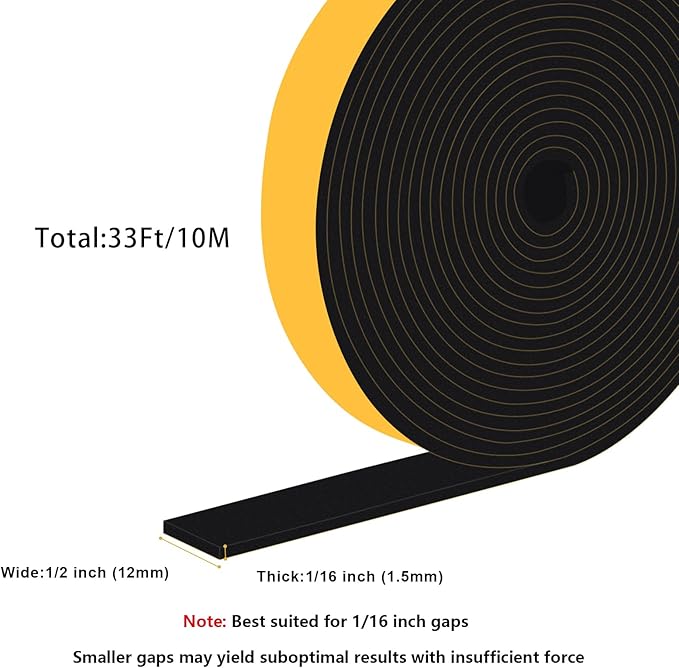 Adhesive Weather Stripping Foam Strip, Seal Gasket for Speaker, Door Insulation, Soundproofing Foam Seal Tape for Doors and Windows Shock Absorbing, Scratch-prevention（1/2 In x 1/16 In x 33Ft）