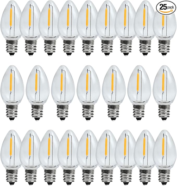 C7 Christmas Light Bulbs 0.6W 2700K Soft White E12 Base Replacement LED Bulb Indoor Outdoor Night Light 25 Pack