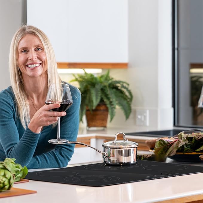 VEVOR Built in Electric Stove Top, 30 inch 4 Burners Ceramic Cooktop, 240V Glass Radiant Cooktop with Sensor Touch Control, Timer & Child Lock Included, 9 Power Levels for Simmer Steam Slow Cook Fry