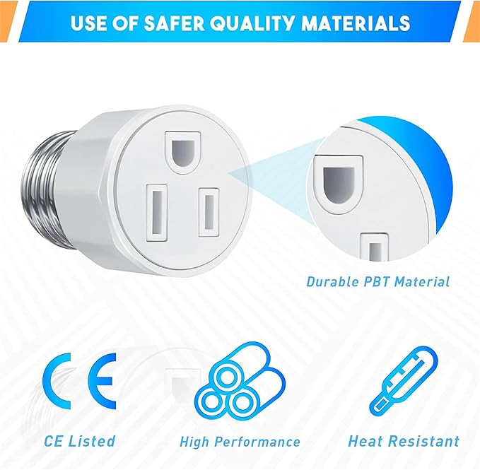 3 Pack E26/ E27 3 Prong Light Bulb Socket Adapter, Polarized Light Socket Outlet, Lights Sockets to Plug Adapter Sockets Converter, Lights Bulb Plug Adapters for Patio, Garage, Porch, White