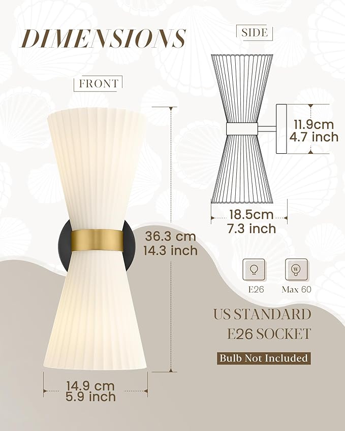 Indoor Wall Sconces, HWH Hardwired Black and Gold Bathroom Sconces Wall Lighting with Frosted Milk White Striped Glass, Modern Sconces Wall for Bathroom Hallway, 5HZG97B-2W BK+BG