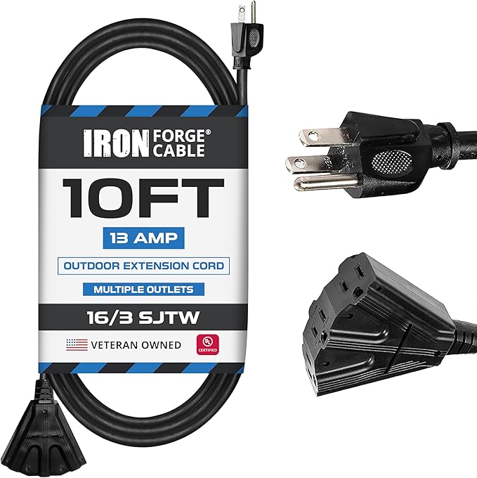 Iron Forge Cable 3 Outlet Outdoor Extension Cord 10 ft, 16/3 SJTW Black Extension Cord with Multiple Outlets 3 Prong, Weatherproof 13 Amp Exterior Power Cable for Outdoor Lights, Lawn & Landscaping