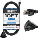Iron Forge Cable 3 Outlet Outdoor Extension Cord 10 ft, 16/3 SJTW Black Extension Cord with Multiple Outlets 3 Prong, Weatherproof 13 Amp Exterior Power Cable for Outdoor Lights, Lawn & Landscaping