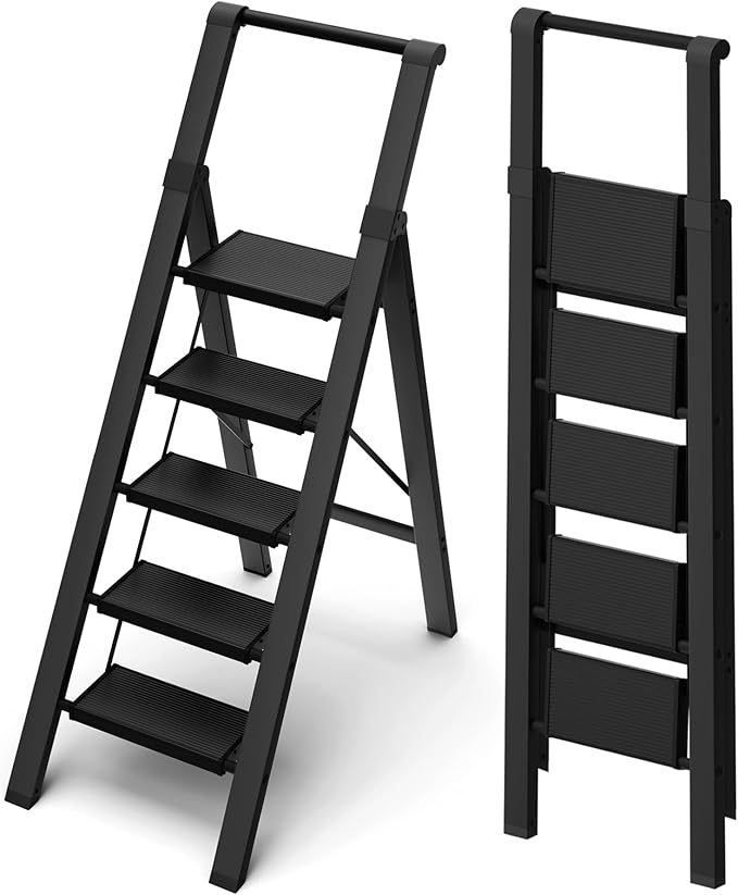 5 Step Ladder, Lightweight Folding Step Stool with Convenient Handgrip,Aluminum 330lbs Capacity Step Ladder for Office,Household,Kitchen(Black)