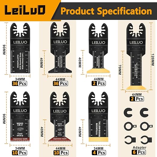LEILUO 100 Pcs Multitool Blade Kits for Wood Nails Drywall Japanese Tooth Oscillating Saw Blades Titanium Oscillating Tool Accessories with Storage Bag Compatible with DeWalt Makita Dremel and More