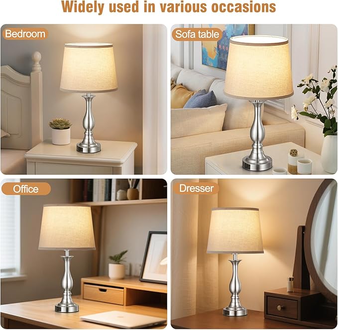 Bedside Table Lamp Touch Control Bedroom Lamps with USB-C USB-A Charging Port 3 Way Dimmable Touch Lamps for Nightstand Living Room Bedroom Dorm Home Office Reading, Set of 2