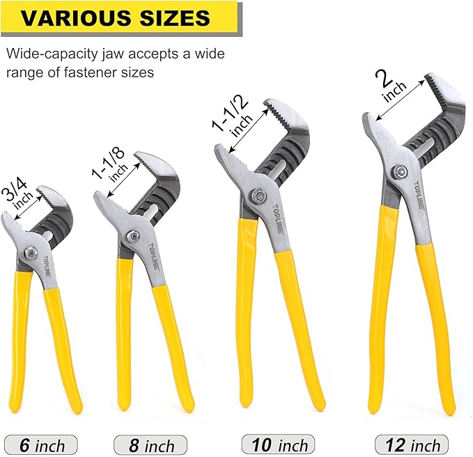 TOPLINE 4-piece Tongue and Groove Joint Pliers Set with Dipped Handles, Groove Joint Pliers Set Included 12-Inch, 10-Inch, 8-Inch and 6-Inch, Ideal for Basic Home Repair and General Applications
