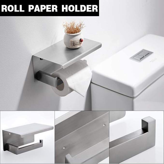 Brushed Nickel Bathroom Towel Bar Set Bathroom Accessories Hardware Set Including Towel Bar Towel Ring Coat Hook and Toilet Paper Holder with Shelf. Wall Mounted Stainless Steel