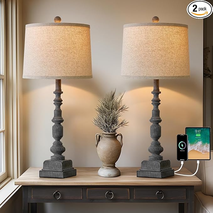 Oneach 27.75" Vintage Farmhouse USB A+C Table Lamps Set of 2 for Living Room Traditional Bedside Lamps for Bedroom Office Mid Century Table Lamp Antique Grey Accent Rustic Lamps for End Table