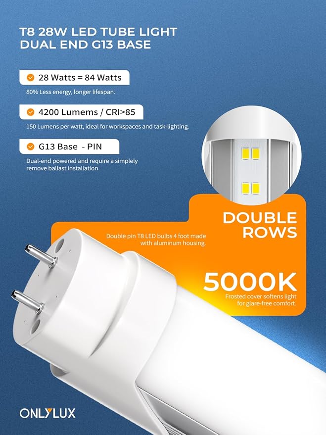 24-Pack T8 LED Bulbs 4 Foot, 28W 4200LM, 5000K Daylight Super Bright, Ballast Bypass G13 Base Type B Dual-End Powered, f32t8 f40t12 led Replacement 4ft