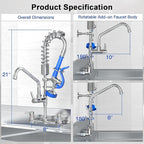 Commercial Faucet with Sprayer for Kitchen Staff : Akwadu Wall Mount Commercial Faucet with Pre Rinse Sprayer 8" Center - 21 Inch Pre Rinse Faucets with 8" Add-On Swing Spout for Dishwashers