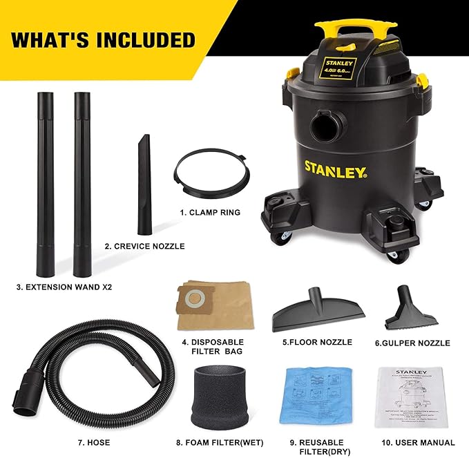 STANLEY 6 Gallon Wet Dry Vacuum, 4 Peak HP Poly 3 in 1 Shop Vac Blower with Powerful Suction, Multifunctional Shop Vacuum W/ 4 Horsepower Motor for Job Site,Garage,Basement,Workshop SL18116P