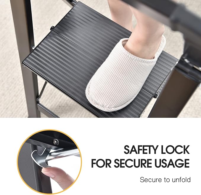 KINGRACK Step Ladder, 2 Steps, Folding Step Ladder with Handrail, Non-Slip Household Ladder with Folding Safety, Aluminium Step Stool, Maximum Load 150 kg, Black