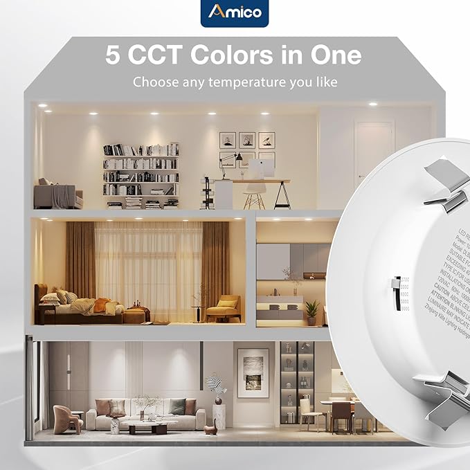 Amico Recessed Lighting 4 Inch, 24 Pack 5CCT Flat LED Can Lights, 2700K/3000K/4000K/5000K/6000K Selectable, 7W Eqv 60W, 700LM Brightness, Retrofit Installation - ETL & FCC