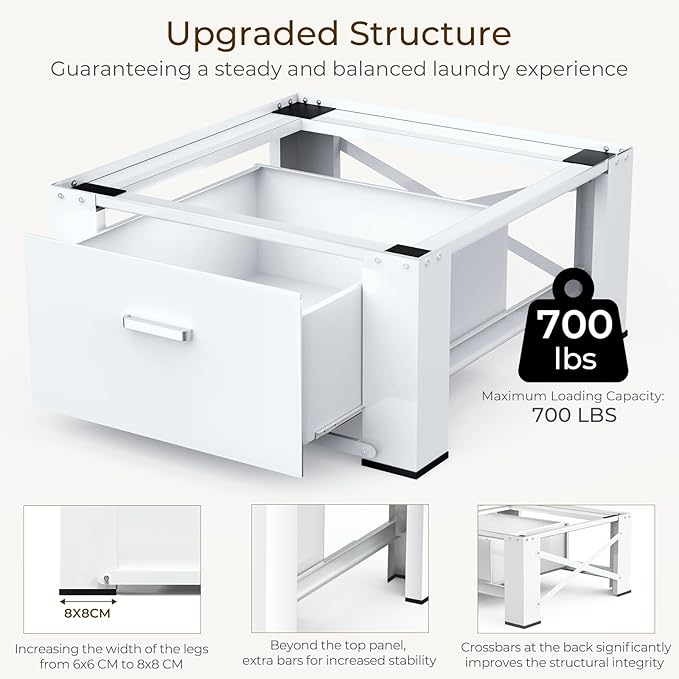 SKM 29" Washer & Dryer Pedestals with Drawer - 2 Pack Laundry Stand Raiser, 14.3" Height, Steel Construction, White