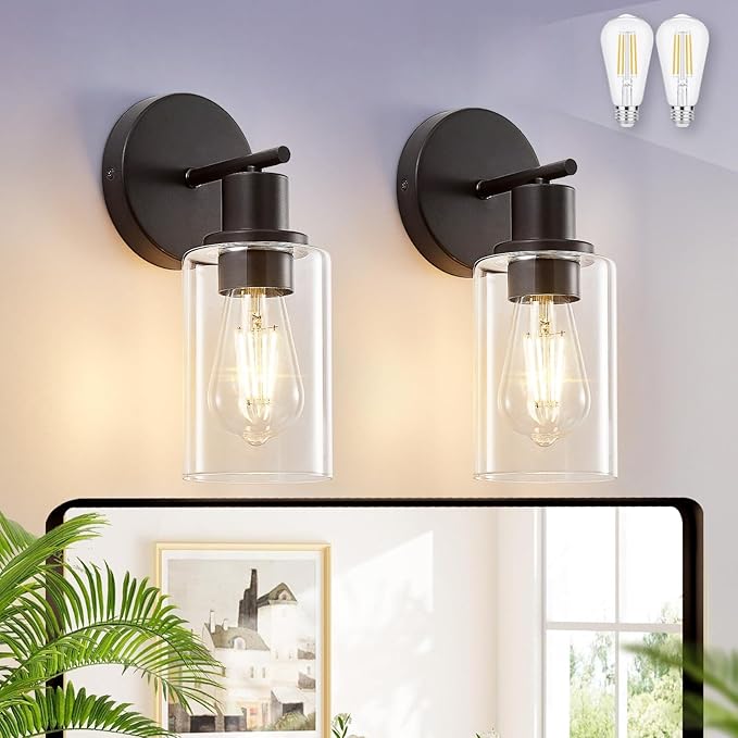 DLLT Wall Sconces Set of Two: Modern Bathroom Vanity Light Fixtures - Matte Black Vanity Lights with Clear Glass Shade - Farmhouse Wall Lamp for Bedroom Living Room Mirror Hallway Kitchen