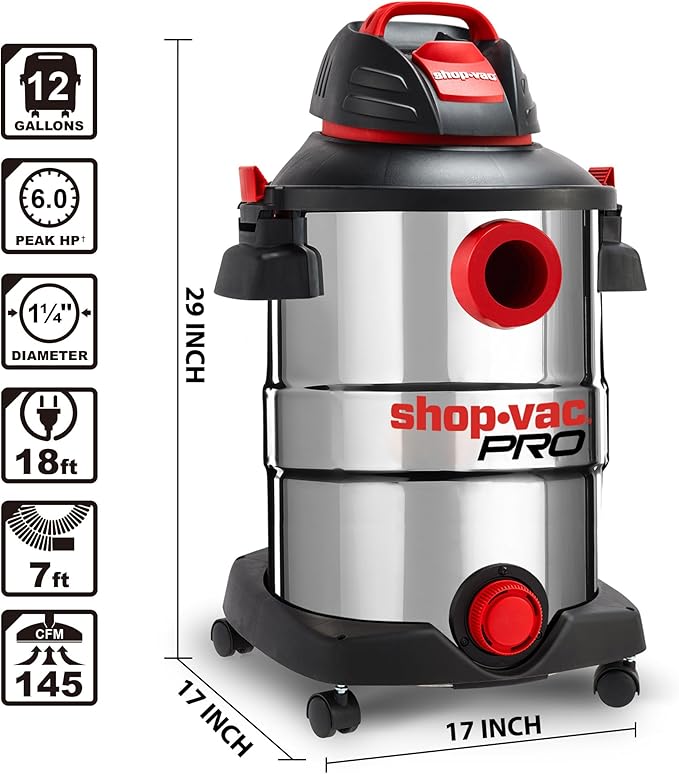 Shop-Vac 12 Gallon 6.0 Peak HP Wet/Dry Vacuum, Stainless Steel Tank, 3 in 1 Function Portable Shop Vacuum with Attachments, Drain Port, Ideal for Jobsite, Garage & Workshop. 5926211