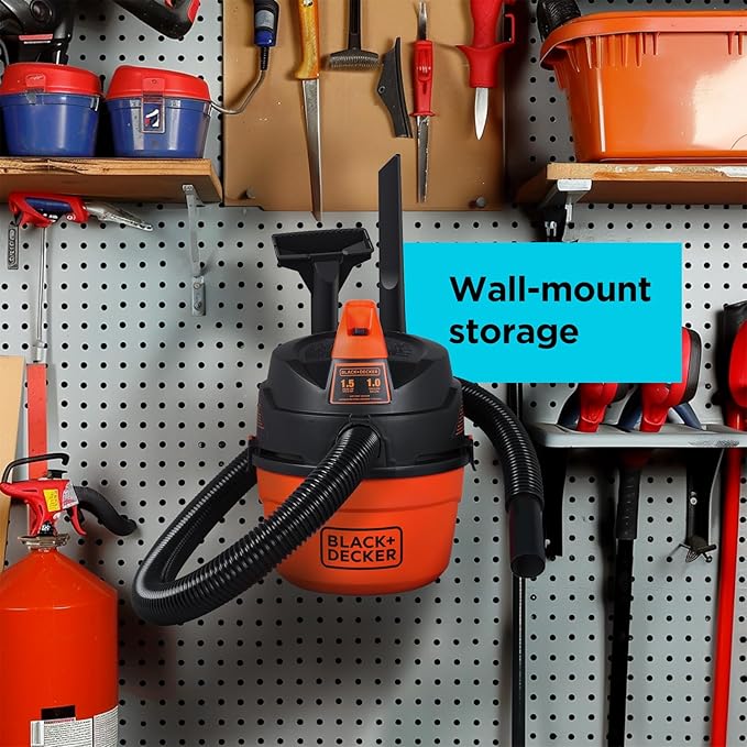 BLACK+DECKER Shop Vacuum Wet and Dry, Small Shop Vac with Accessories, 1 Gallon 1.5 Peak HP, Wall Mount Mini Vacuum for Garage, Home and Pet, 60CFM (BDXV18101P-1H)