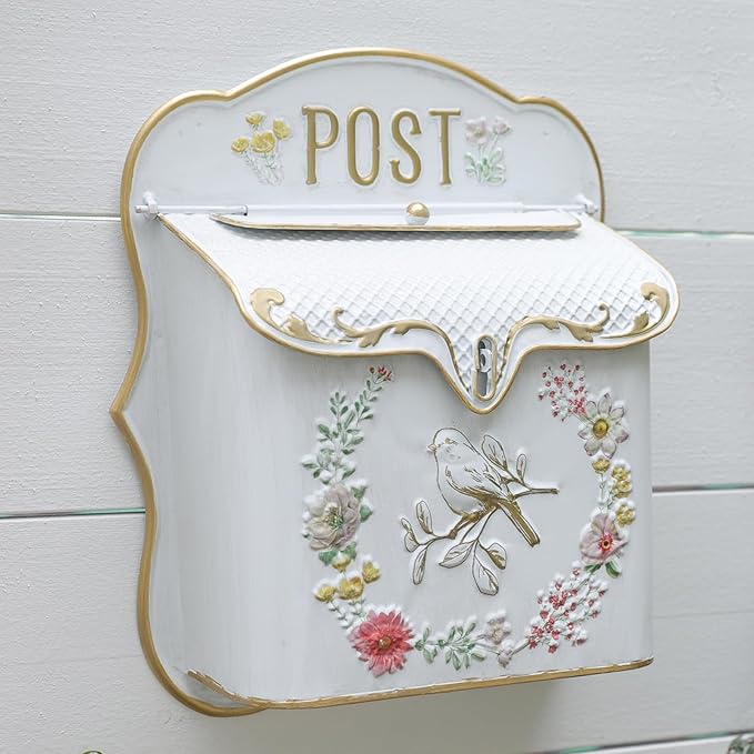 Mailbox Wall Mount Mailboxes for Outside Vintage Mail Boxes for House Outside Metal Drop Box Antique Style Nostalgic Charm Home Decorative, Bird Pattern, White