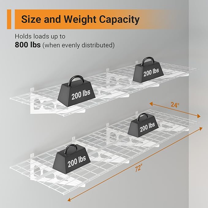 2x6 ft Garage Shelving, 2-Pack Wall-Mounted Shelves for Garage, Kitchen, Pantry Storage, 800 lbs Total Load Capacity Storage Wall Shelving, White