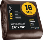 PROTARP Extra Heavy Duty 16 Mil Tarp Cover, Waterproof, UV Resistant, Rip and Tear Proof, Poly Tarpaulin with Reinforced Edges for Roof, Camping, Patio, Pool, Boat. (Brown/Black 24′ X 24′)