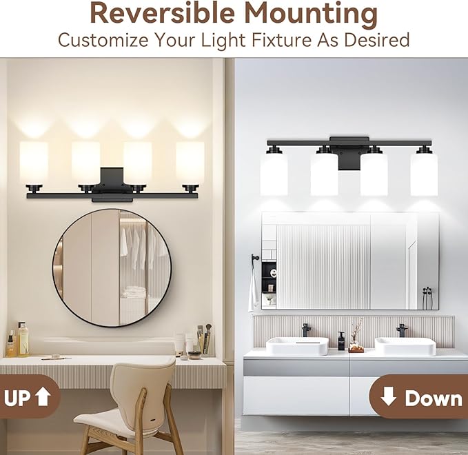 4-Light Bathroom Light Fixtures, 27" Modern Vanity Lights Over Mirror with Milky White Glass Shade, Matte Black Light Fixture, Classic Wall Light Fixture for Mirror Living Room Cabinet Bedroom Porch