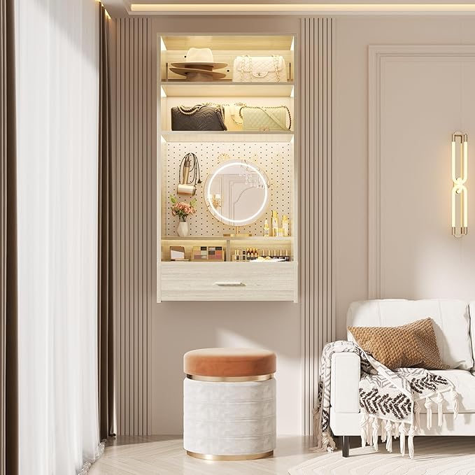 Unikito 24 inch Closet System with Drawers and Magnetic Pegboard, Wall Mounted Closet Organizer with Vanity Storage Shelves, Multipurpose Vanity Desk for Bedroom, Mudroom, and Entryway, White Oak