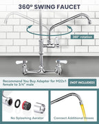 36" Height Commercial Faucet Wall Mount with Sprayer 8" Adjustable Center 10" Swing Spout, Kitchen Sink Faucet with Pull Down Pre-Rinse Sprayer for Restaurant Industrial Kitchen, Chrome